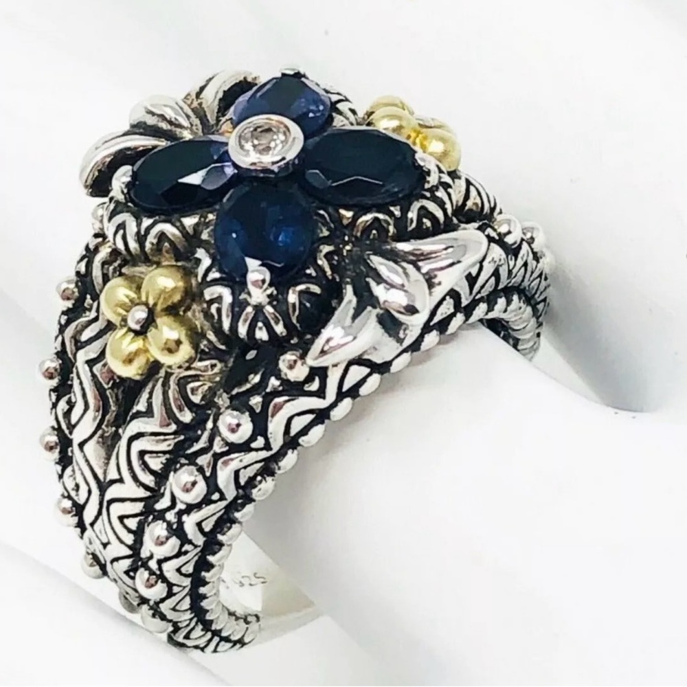 Barbara Bixby Sterling Silver & 18K Gold Iolite & White Sapphire Flower Ring 6